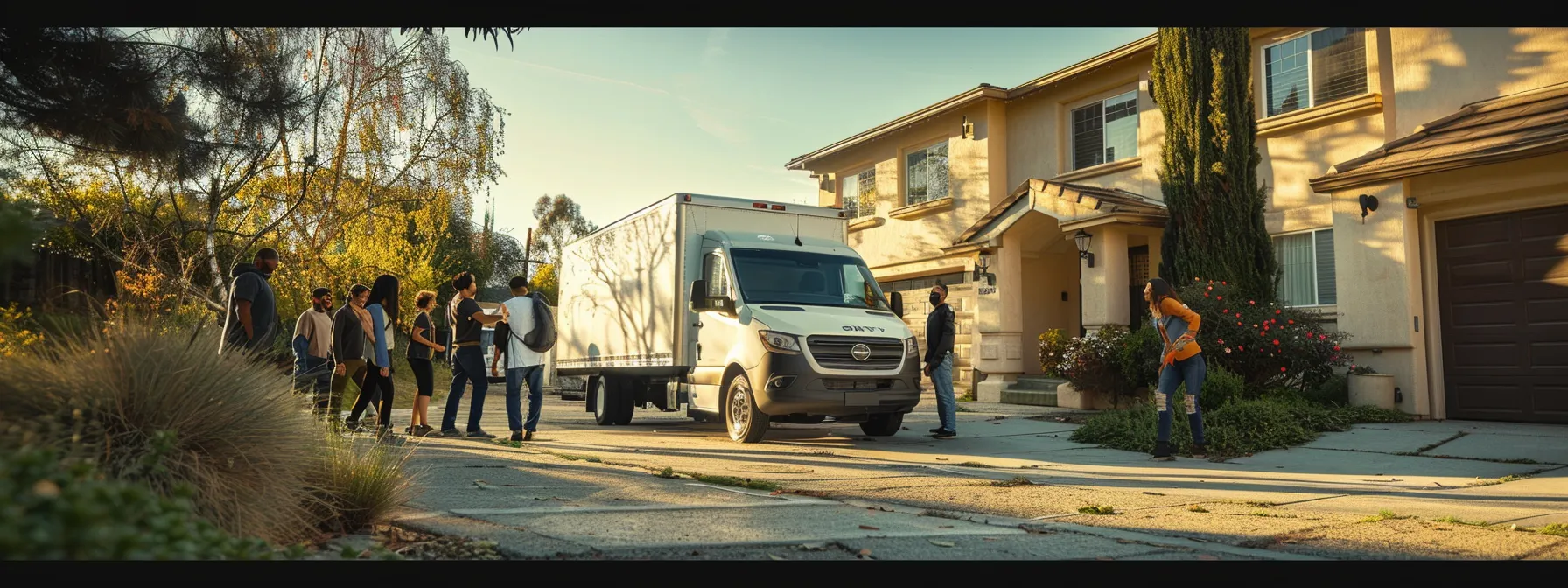 a moving truck parked in front of a house, surrounded by smiling customers giving a thumbs up and writing positive reviews.