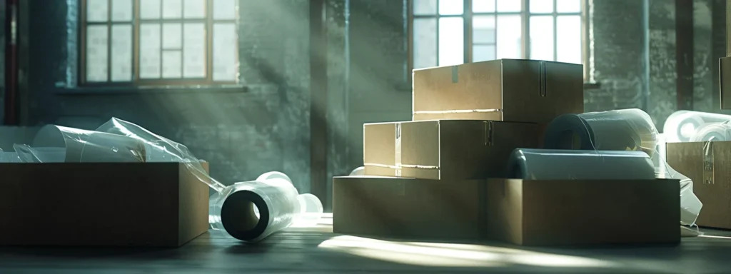 a stack of sturdy cardboard moving boxes waiting to be filled with belongings, surrounded by rolls of packing tape and bubble wrap.