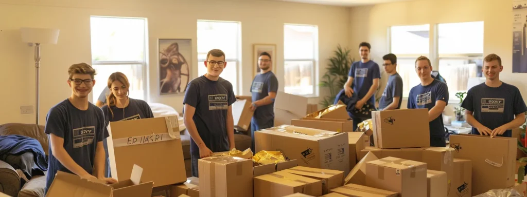 a group of smiling movers unpacking boxes in a well-organized, clutter-free living room, showcasing their efficiency and attention to detail.