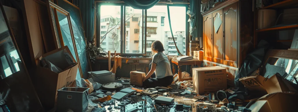 a frustrated woman inspecting a cracked mirror surrounded by broken boxes and scattered belongings.