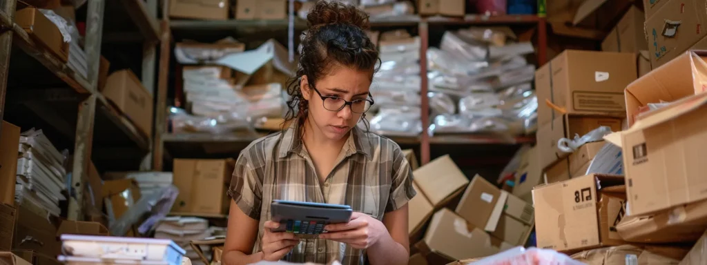 a person surrounded by stacks of moving boxes, with a calculator in hand, looking both focused and determined.