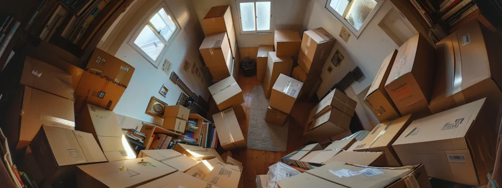 neatly organized moving boxes stacked to the ceiling in a spacious room.