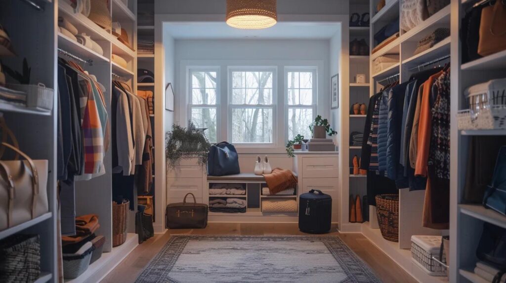 a bright, inviting living space showcases smart storage solutions, where neatly organized belongings create a clutter-free environment, exuding warmth and functionality for a happy family settling into their new home.