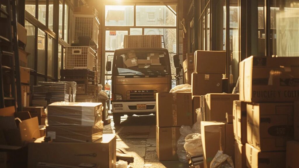 a bustling moving truck surrounded by neatly stacked boxes in a sunlit hudson valley setting, illustrating the contrast between professional moving services and the diy approach.