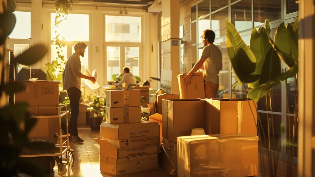 a bustling office relocation scene capturing professional movers energetically packing boxes amidst a backdrop of transitional chaos, bathed in warm afternoon light for an inviting yet dynamic atmosphere.