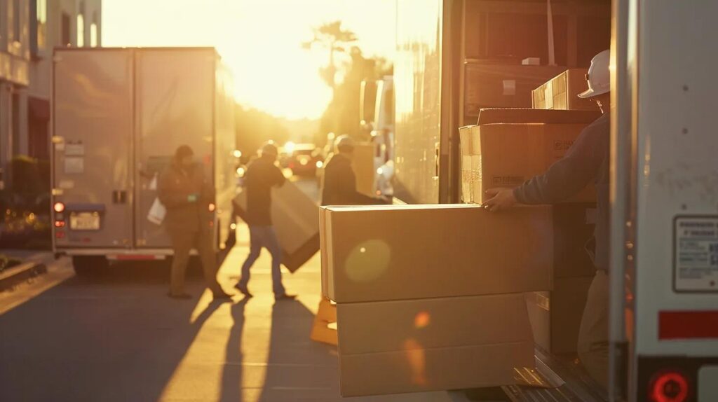 a bustling scene of professional movers expertly packing sturdy boxes into a sleek moving truck under the warm glow of afternoon sunlight, embodying efficiency and teamwork.