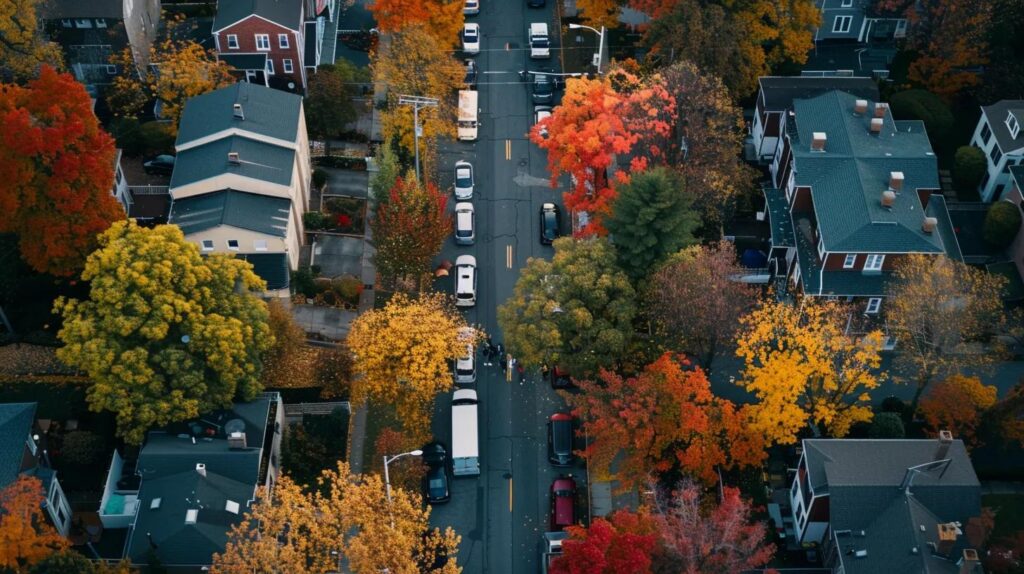 a busy hudson valley neighborhood showcases moving trucks lined up against picturesque autumn foliage, capturing the bustling energy of relocation amidst vibrant scenery.