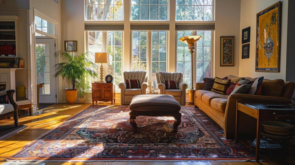 a cozy, sunlit living room adorned with stylish furniture, vibrant artwork, and a plush area rug, radiating warmth and inviting social interaction for a happy family settling into their new home.