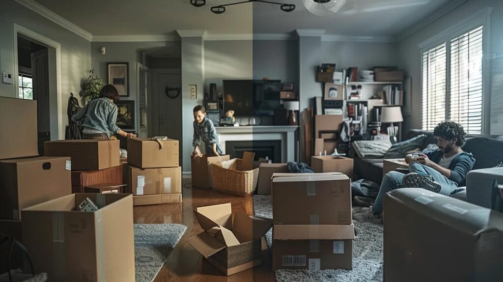 a dramatic split scene captures the contrasting chaos of a family struggling with moving boxes in a cluttered diy setup on one side, while the other side showcases a seamless, professional moving experience with efficient movers and neat stacks of organized belongings.