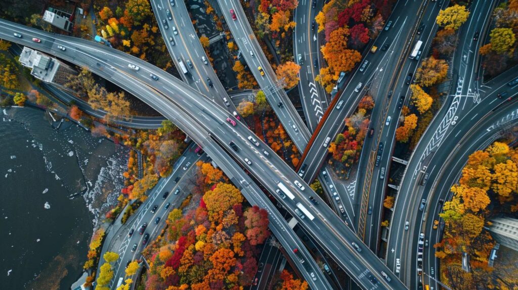 a dynamic aerial view of a bustling hudson valley landscape with vibrant fall foliage and moving trucks navigating through scenic roads, embodying the efficiency and vibrancy of top movers in action.