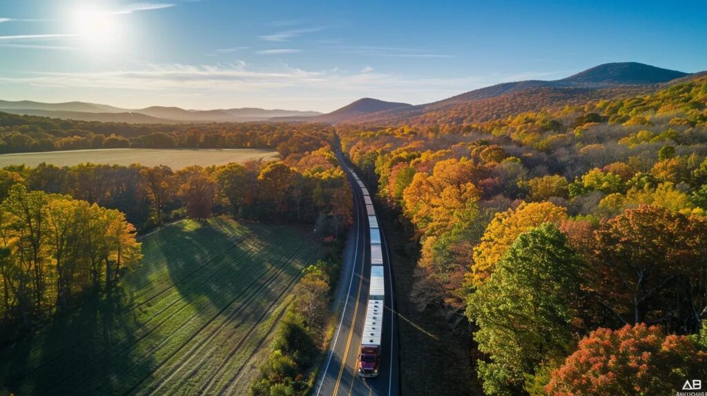 a dynamic aerial view of a moving truck navigating through the picturesque landscapes of hudson valley, surrounded by vibrant autumn foliage and distant mountains under a clear blue sky.