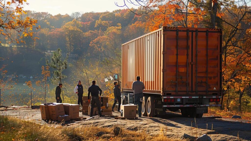 a dynamic comparison scene showcasing a group of movers efficiently loading a vibrant cargo truck against a picturesque hudson valley backdrop, emphasizing affordability and professionalism.