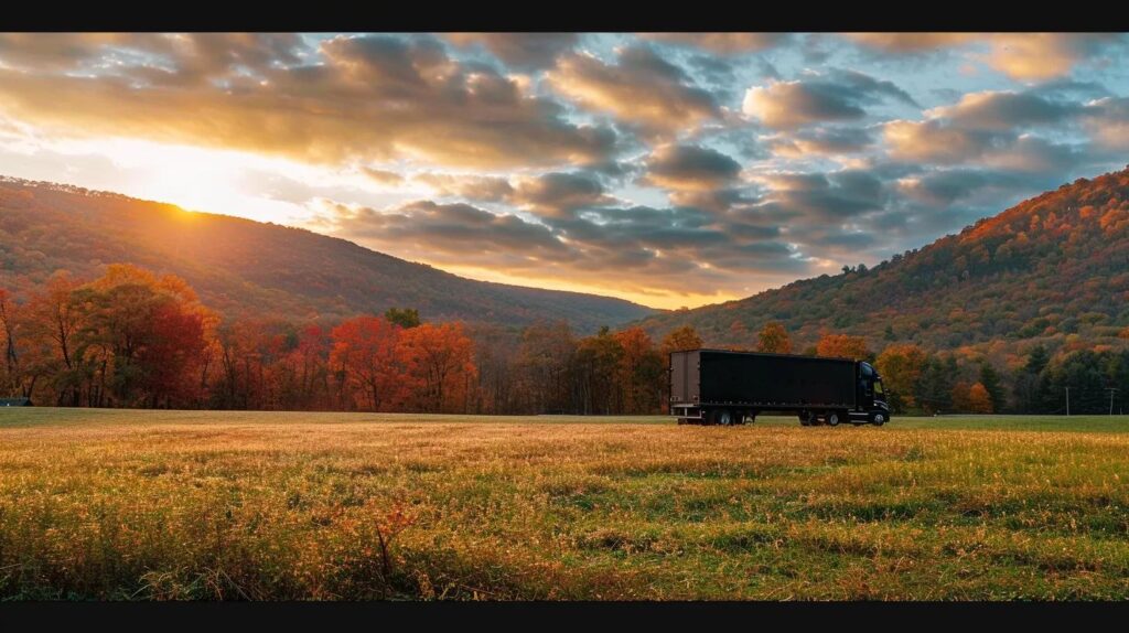 a dynamic comparison scene showcasing a local hudson valley commercial mover's vehicle alongside a sleek, imposing national chain truck, both set against a vibrant autumn landscape, emphasizing the contrasting approaches to moving services.