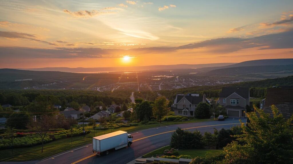 a dynamic panorama of a hudson valley landscape contrasts a bustling local moving truck with a sleek long-distance vehicle, set against a vibrant sunset that highlights the transition of moving from one home to another.