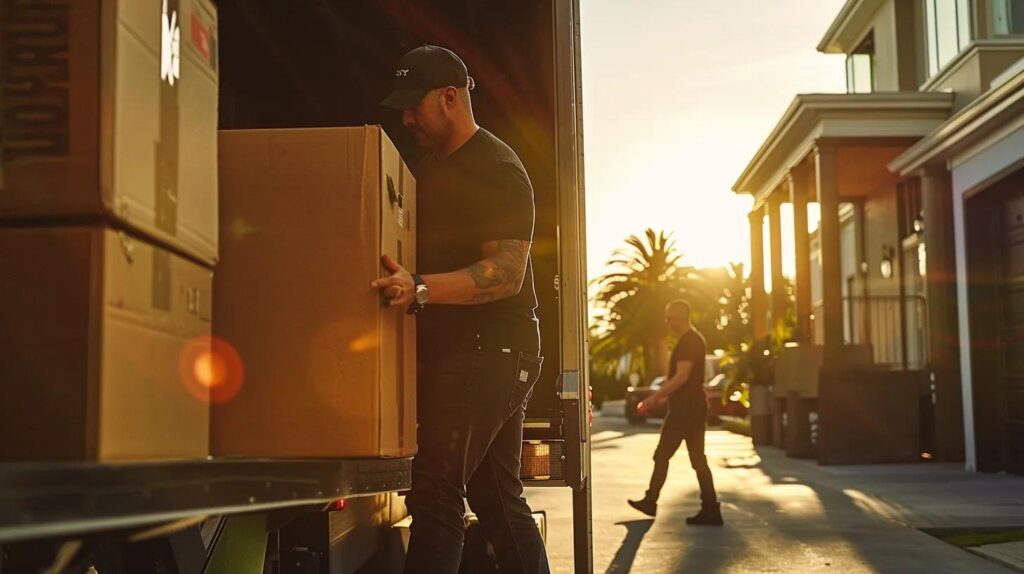 a dynamic scene captures a team of efficient professional movers skillfully packing and loading boxes into a sleek moving truck, emphasizing the seamless transition of a commercial move under bright, natural daylight.