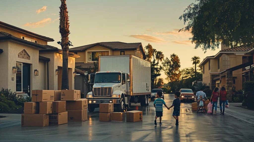 a dynamic scene captures a professional moving crew efficiently packing gleaming boxes into a spacious moving truck, surrounded by a family contemplating the ease of commercial moving services versus the challenges of diy relocation.