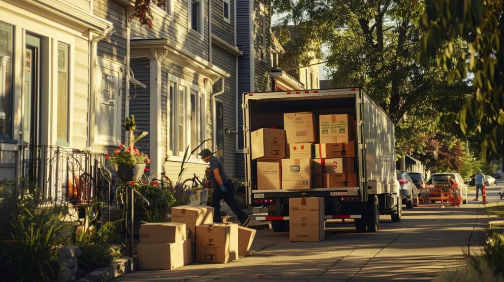 a dynamic scene of professional movers efficiently packing vibrant boxes into a bright truck, showcasing teamwork and organization in the midst of a bustling neighborhood.