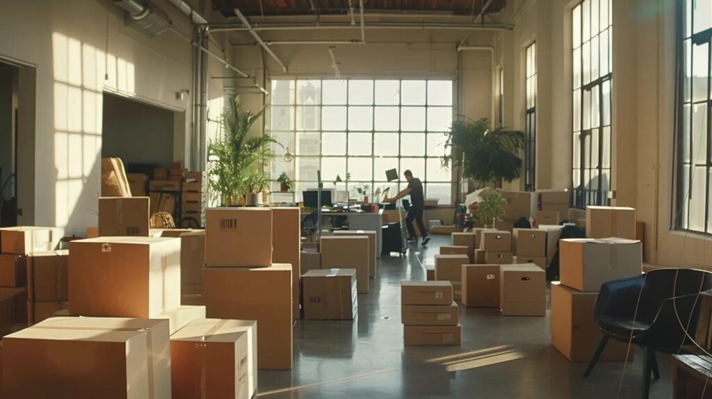 a dynamic scene showcasing professional movers efficiently packing elegant cardboard boxes in a bright, spacious office, highlighting the theme of corporate relocation expertise.