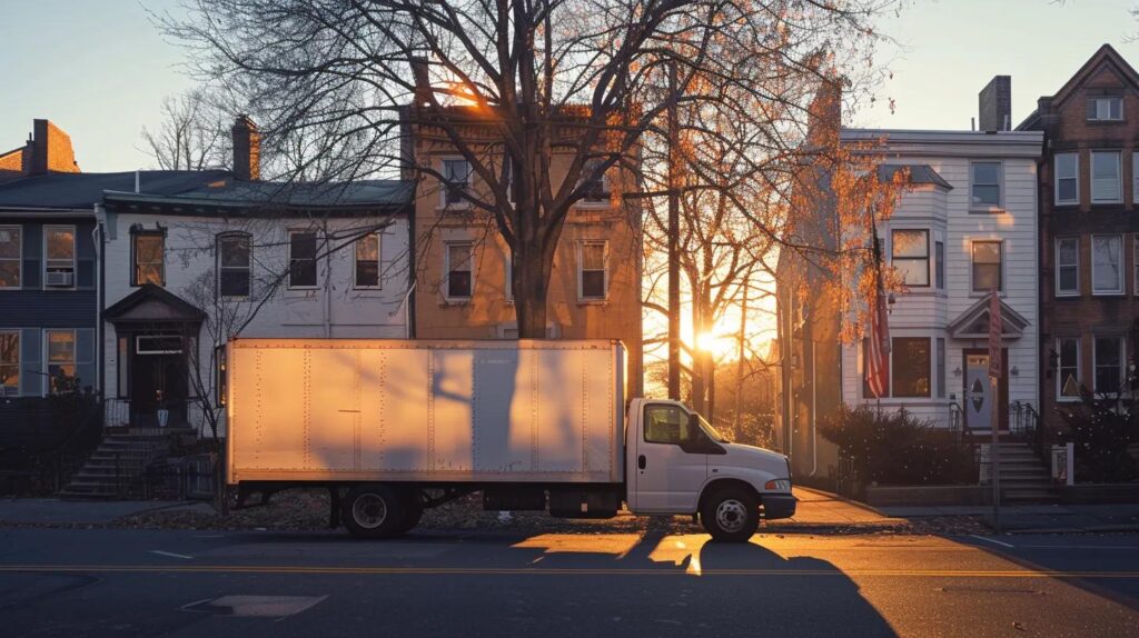 a dynamic split-scene photograph contrasts a modern hudson valley moving service with a traditional moving truck, capturing the essence of innovation versus nostalgia under soft afternoon light.