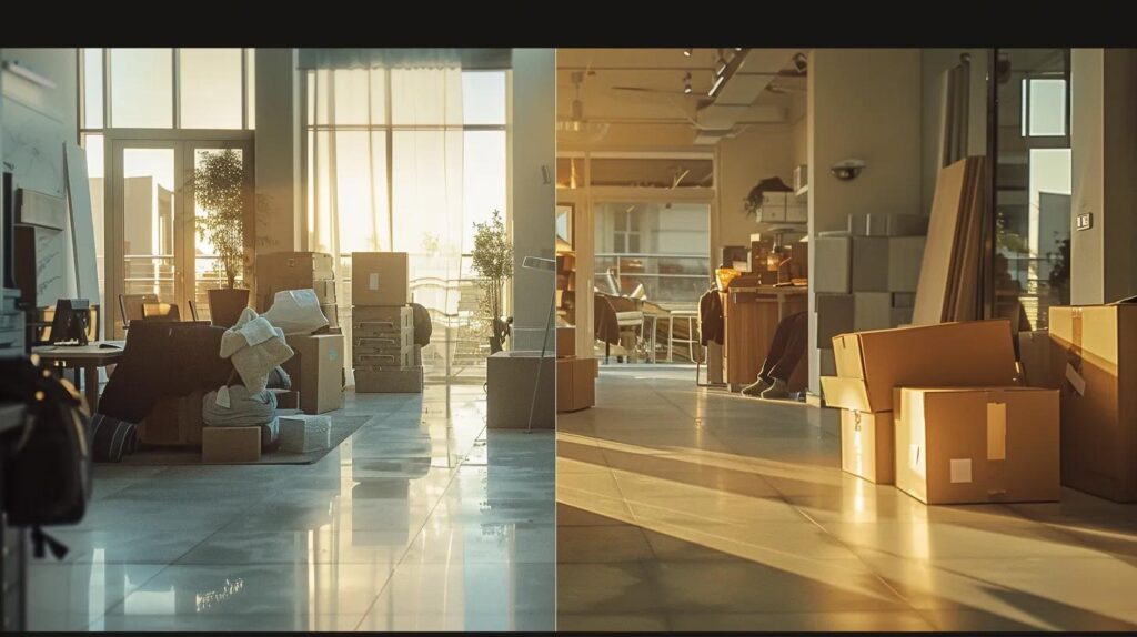 a dynamic split-screen image showcasing a bustling commercial moving scene on one side, filled with professional movers and large office furniture, contrasted with a serene residential moving scene on the other, highlighting cozy home belongings under warm, natural light.