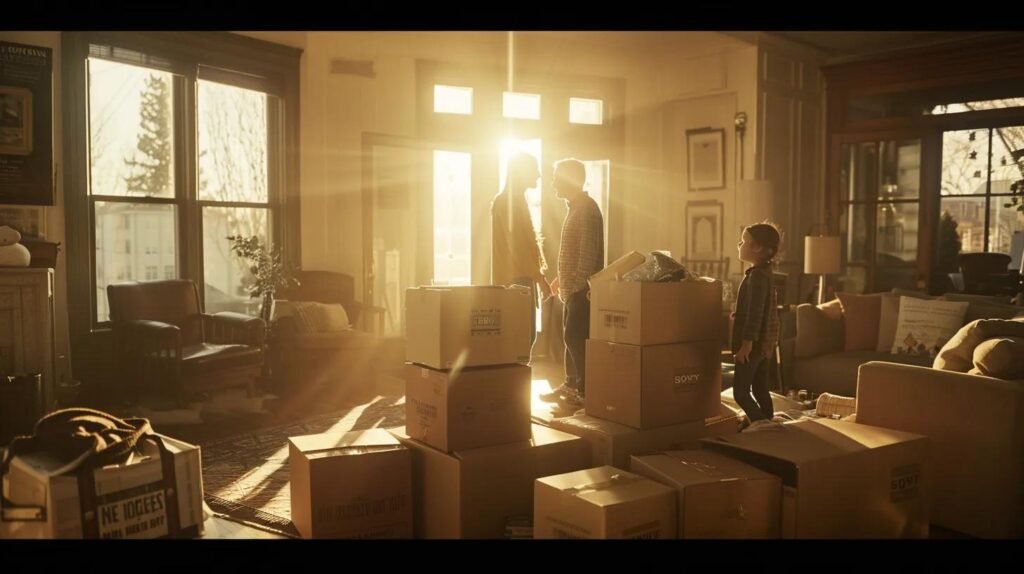 a family stands together in a sunlit living room, surrounded by neatly stacked moving boxes, symbolizing the excitement and uncertainty of choosing the right interstate commercial moving service.