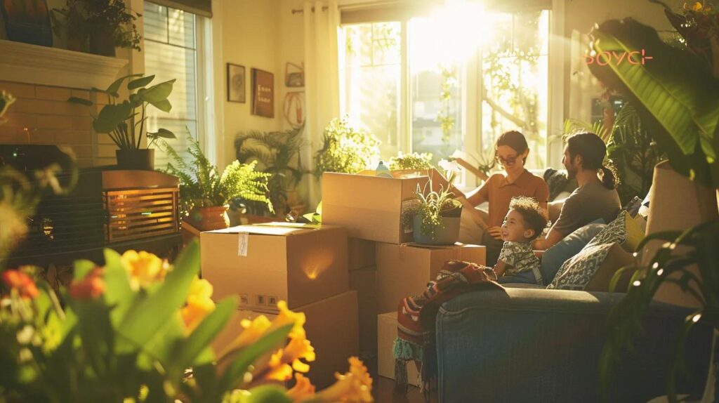 a joyful family joyfully unpacks vibrant boxes in a sunlit living room, surrounded by blooming houseplants and warm, inviting decor, symbolizing a fresh start in their new home.