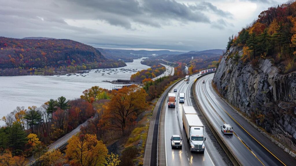 a panoramic view of a bustling hudson valley landscape, showcasing sleek moving trucks navigating through picturesque rolling hills and vibrant autumn foliage, emphasizing the theme of long-distance relocation.