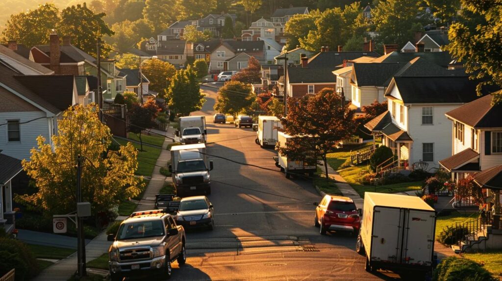 a panoramic view of a bustling hudson valley neighborhood showcasing rows of colorful moving trucks parked outside charming homes, bathed in the warm glow of golden hour sunlight.