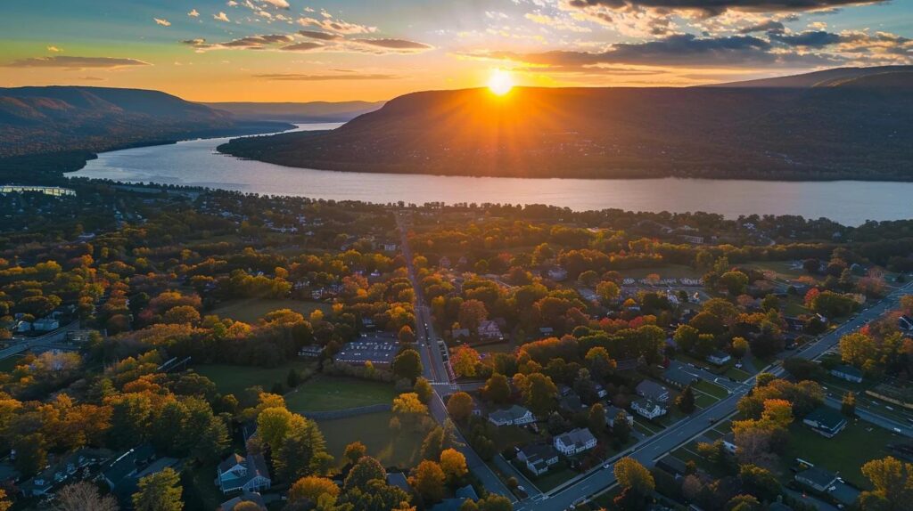 a panoramic view of the picturesque hudson valley landscape, showcasing rolling hills and distant mountains, bathed in warm golden light at sunset, symbolizing the varying moving costs influenced by distance.