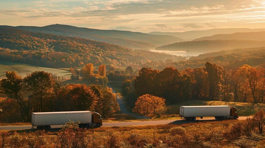 a panoramic view of the scenic hudson valley, showcasing rolling hills and vibrant fall foliage, with a subtle overlay of moving truck silhouettes and cost graphs, illustrating the comparison of local moving expenses against national averages.