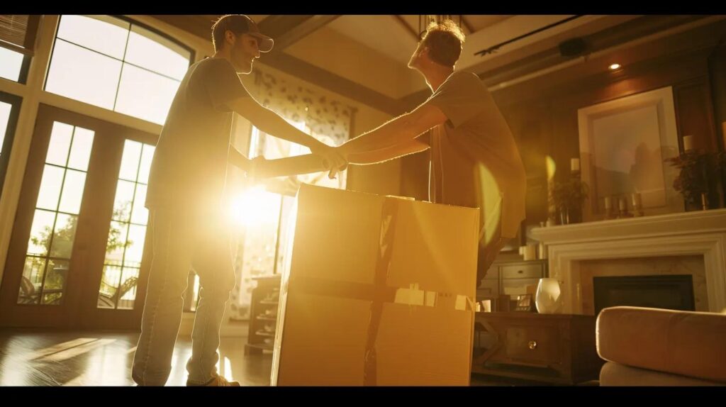 a professional mover expertly lifts a large, neatly packed box while a grateful family watches in a sunlit living room, highlighting the seamless teamwork and care that defines exceptional commercial moving services.