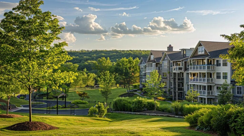 a serene hudson valley landscape showcases a charming one-bedroom apartment surrounded by lush greenery and rolling hills, emphasizing the tranquil and budget-friendly essence of moving within this idyllic region.