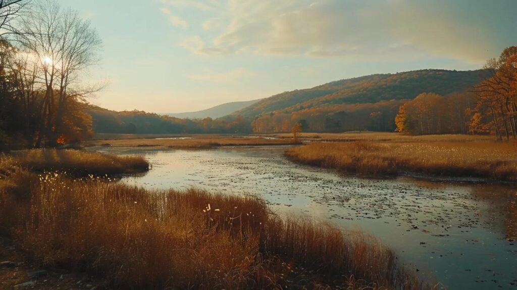 a serene landscape of the hudson valley at sunset, showcasing picturesque rolling hills, vibrant autumn foliage, and a tranquil river reflecting warm golden hues, embodying the essence of a smooth relocation experience.