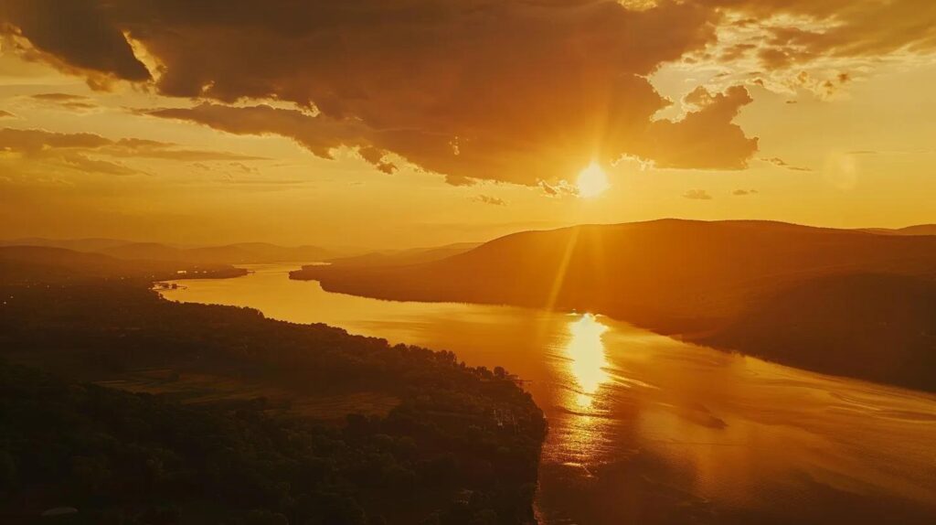 a serene sunset over the hudson valley, casting a warm golden glow on the rolling hills and tranquil waters, symbolizes a seamless transition in nature's cycle.