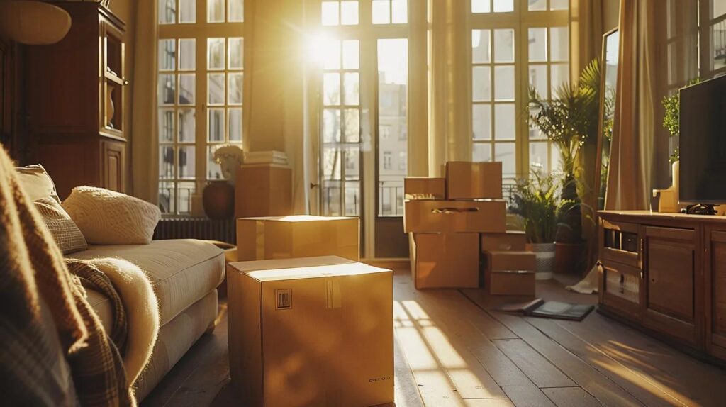 a serene, well-organized moving scene unfolds in a sunlit living room, showcasing neatly packed boxes and a cheerful atmosphere, symbolizing the ease and joy of a stress-free long-distance move.