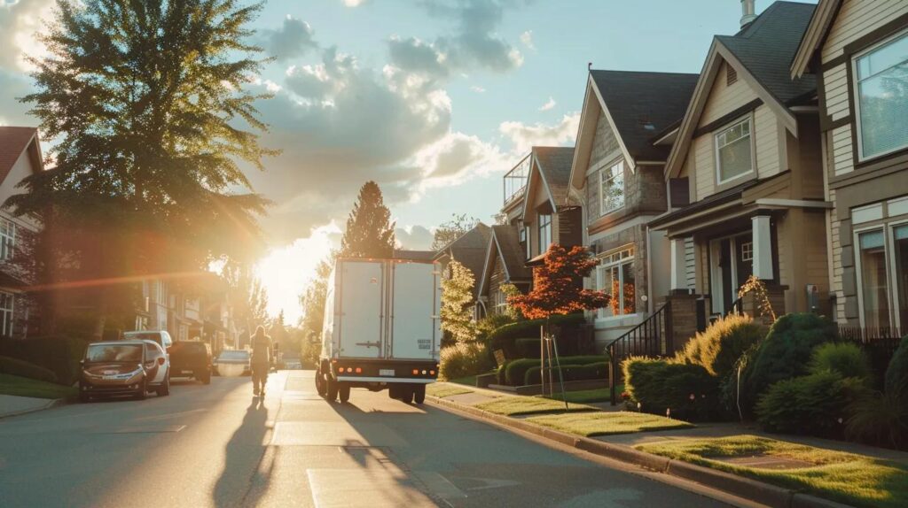 a vibrant, bustling scene showcasing a professional moving crew efficiently transporting furniture through a charming suburban neighborhood, with sun-drenched houses and lush green lawns in the background.