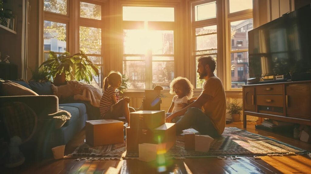 a vibrant scene captures a cheerful family surrounded by well-packed boxes in a sunlit living room, illustrating the joy of budget-friendly moving solutions.