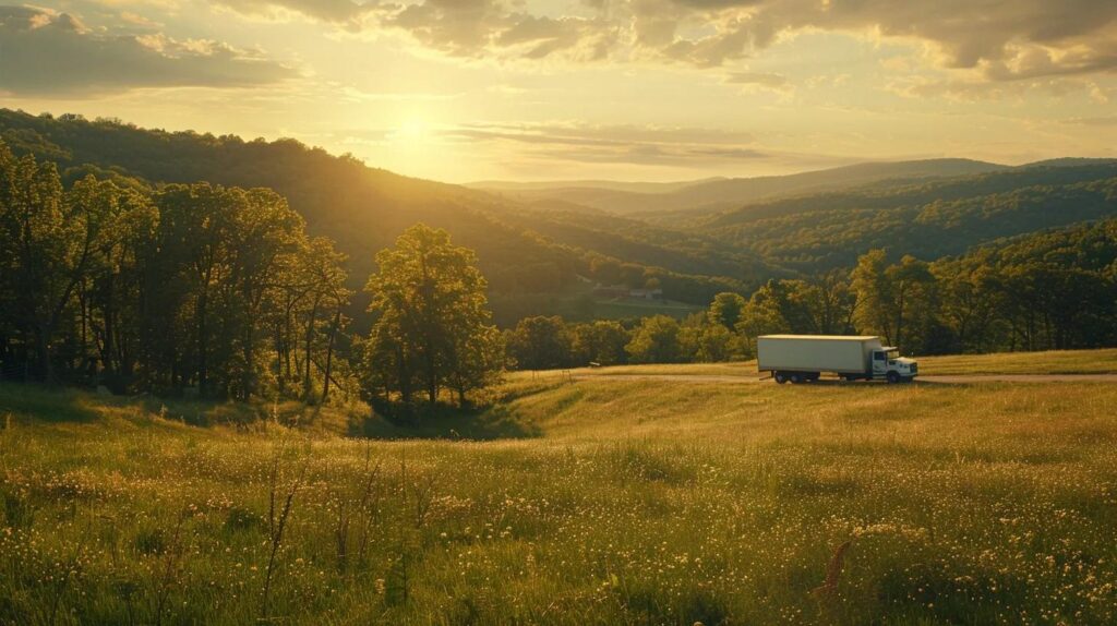 a vibrant scene of a picturesque hudson valley landscape, showcasing a charming moving truck parked amidst rolling green hills, with the sun setting in an array of warm hues that highlights the serene beauty of the region.