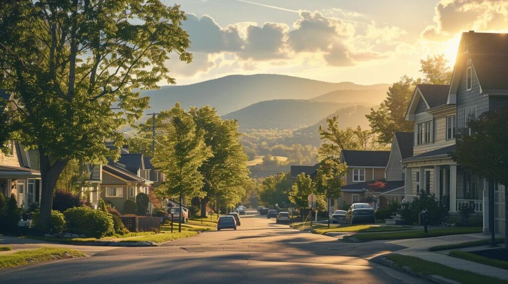 a vibrant scene of a skilled local moving team seamlessly navigating through a tree-lined hudson valley neighborhood, with picturesque mountains in the background bathed in golden sunlight, highlighting the essence of community and dependability.