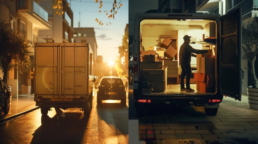 a vibrant split-scene depicting a professional mover expertly loading a moving truck on one side, and on the opposite side, a determined individual surrounded by disassembled furniture and boxes, all illuminated by warm morning light to emphasize the contrasting approaches to relocation.