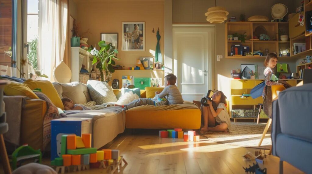 a vibrant, sunlit living room filled with cheerful family members organizing their home supplies, showcasing a welcoming atmosphere of order and cleanliness after a recent move.