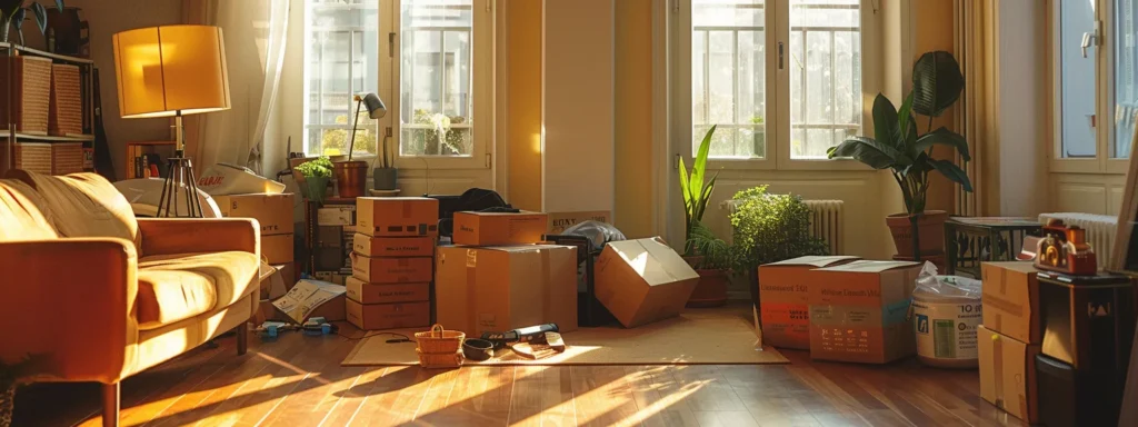 a clutter-free living room with carefully organized items ready for packing, showing a sense of order and preparation for a long-distance move.