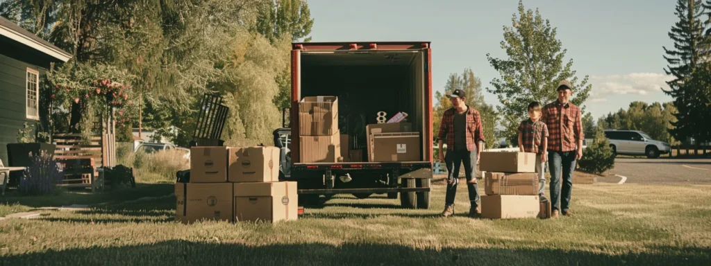 a family standing in front of a moving truck filled with boxes and furniture, ready for their long-distance move.