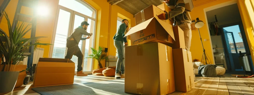 a group of diligent movers carefully packing and securing valuable items into sturdy boxes, exuding trustworthiness and expertise.