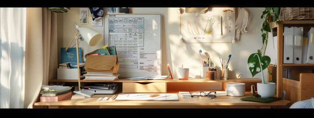 a neatly organized room with a detailed moving checklist prominently displayed on a desk, next to essential everyday items like a toothbrush and packing supplies.