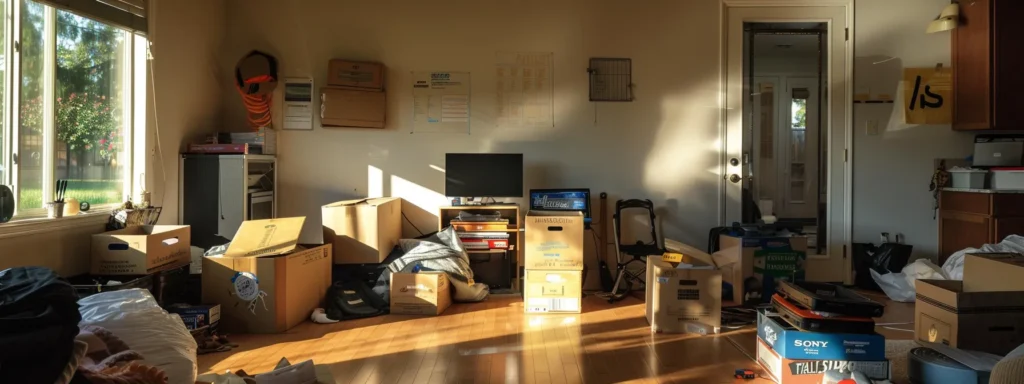 a neatly organized room with labeled boxes for donations, keepsakes, and items to sell, creating a streamlined process for packing before a long distance move.