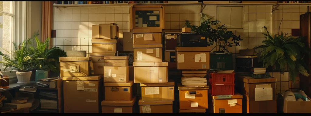 a neatly organized stack of moving boxes labeled with different rooms, ready for a long distance move.