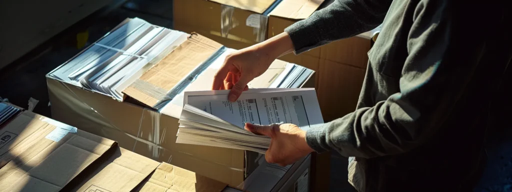 a person carefully placing documents and valuables into a sturdy, labeled moving box, ready for their interstate move.