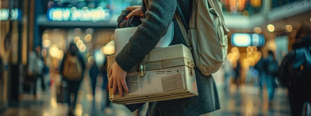 a person holding a lockbox filled with important documents and jewelry, with a laptop bag slung over their shoulder, carefully navigating through a crowded airport.