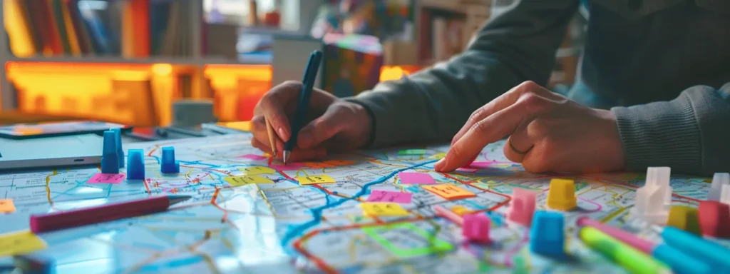 a person meticulously organizing a detailed moving checklist next to a map of the interstate route, with colorful sticky notes and markers highlighting key tasks.